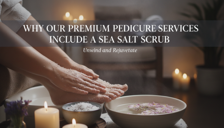 Woman applying sea salt scrub during luxury pedicure