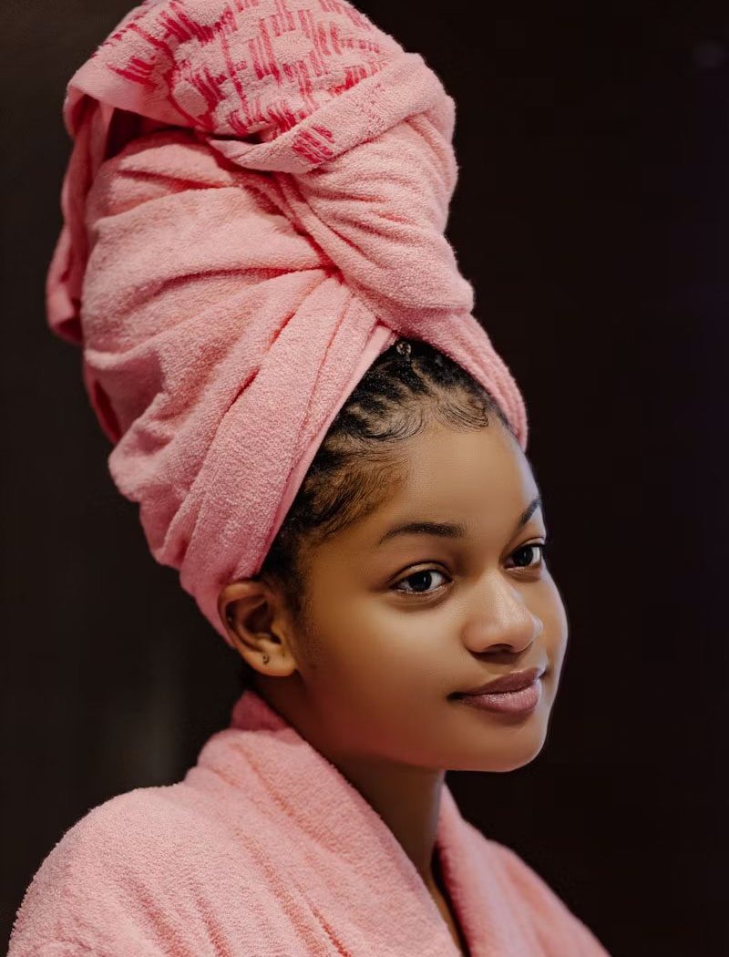 Woman in pink bathrobe with towel turban