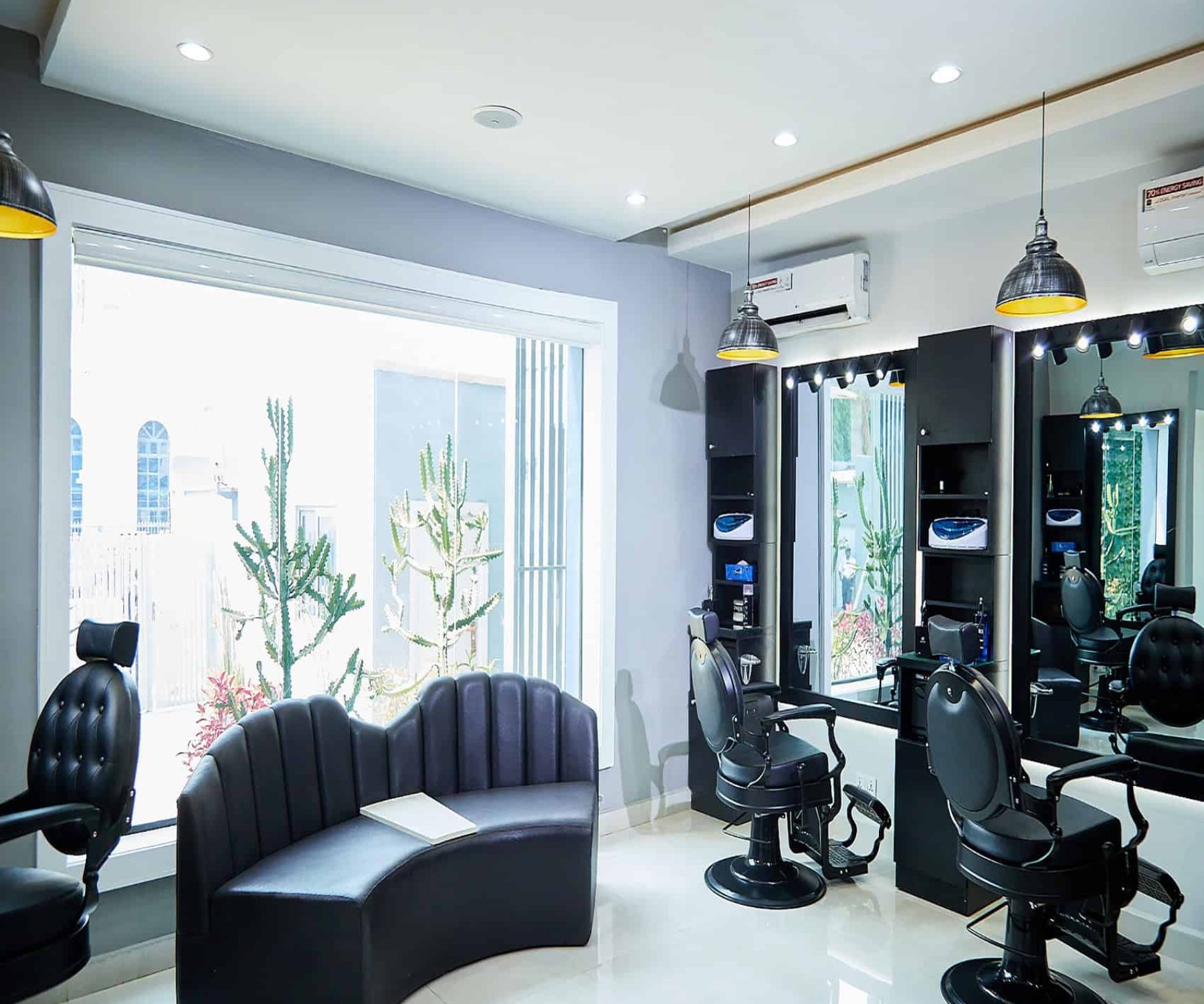 Modern hair salon interior with styling chairs