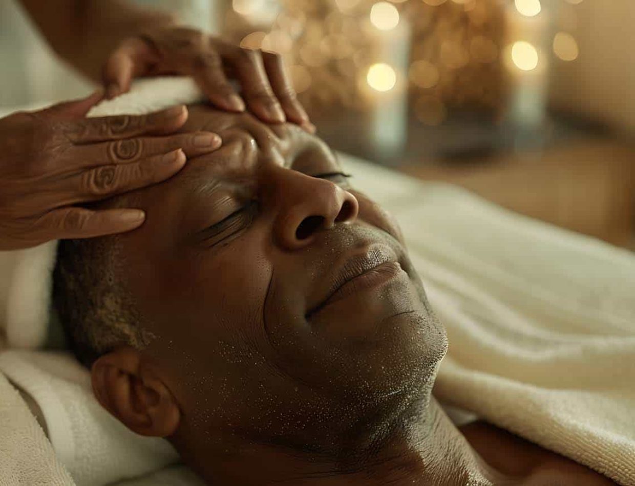 Man receiving relaxing facial massage at spa
